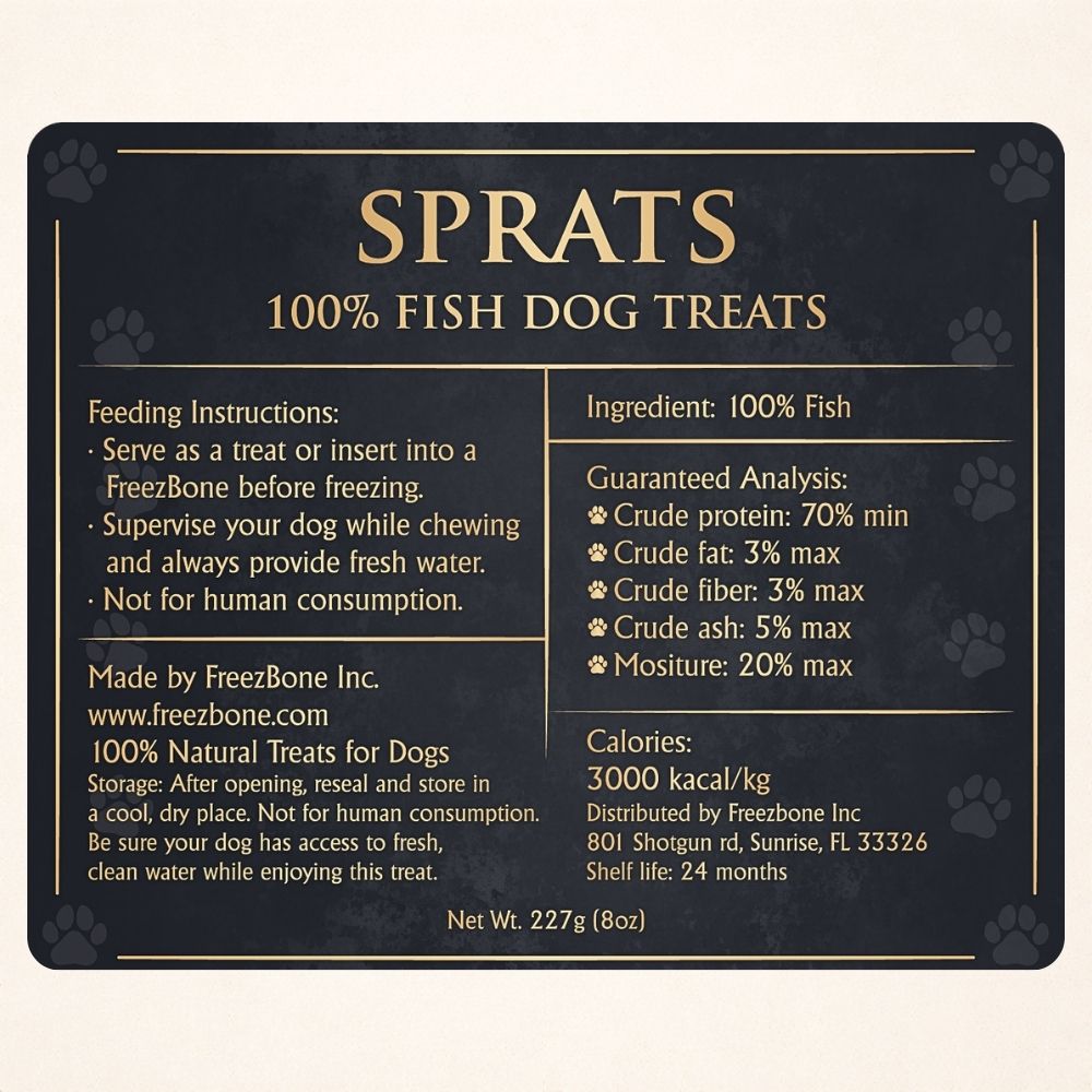 Freezbone Sprats Dog Treats - Single ingredient High Protein (Value Size 8 oz)